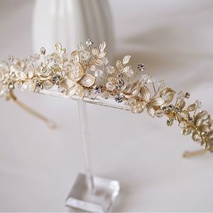 Champagne Gold Floral Rhinestone Bridal Tiara California bridal co.